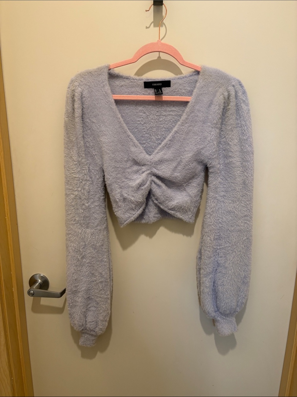 Lavender Fuzzy Cropped V-Neck Sweater